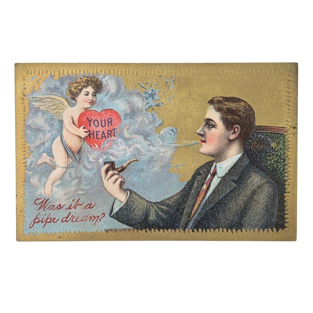 Vintage Valentine Postcard Man Smoking Pipe Dream Cupid with Heart Unposted